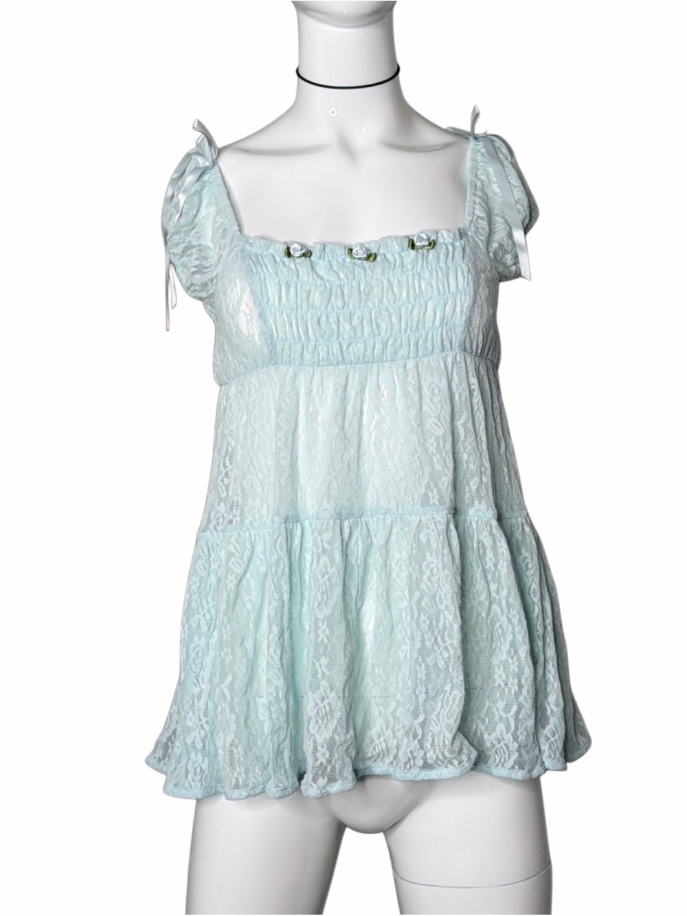Kimchi Light Blue Lace Babydoll Mini Dress with Bow on Sleeves Princess Dress